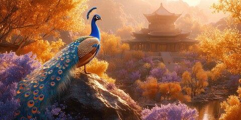 A brilliant golden peacock on a sun-drenched rock, amidst a fantastical landscape of orange and purple trees and a serene temple.