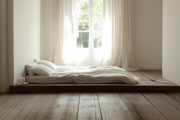 Zen-inspired bedroom with neutral bedding, low platform bed, wooden floors, minimal decor, and a calm, serene atmosphere