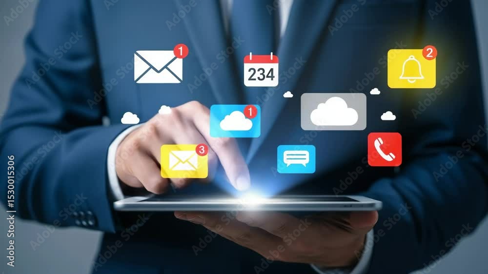 Aufkleber person in suit holding tablet with floating email calendar and notification icons displayed