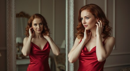 Woman in red satin dress, mirror reflection