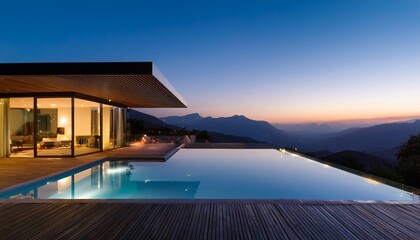 sculptural illuminated villa with infinity pool overlooking a mountain vista at dusk