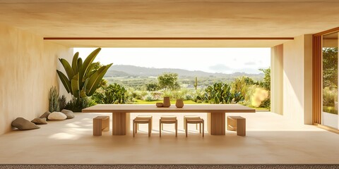 Zen-inspired dining room with a simple wooden table, minimalist chairs, natural lighting, and calming decor elements like stones and plants