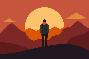 Silhouette of a person on a mountain top at sunset, symbolizing freedom and success in nature