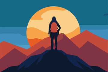Sunset silhouette of a person on a mountain peak, celebrating success and freedom amidst a vast landscape