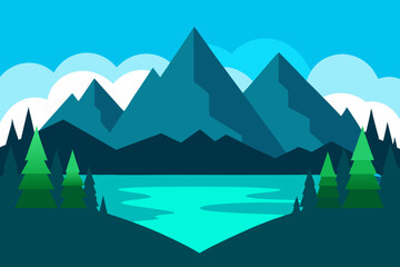 Mountain landscape panorama with a lake, snowy peaks, and cloudy blue sky at sunrise