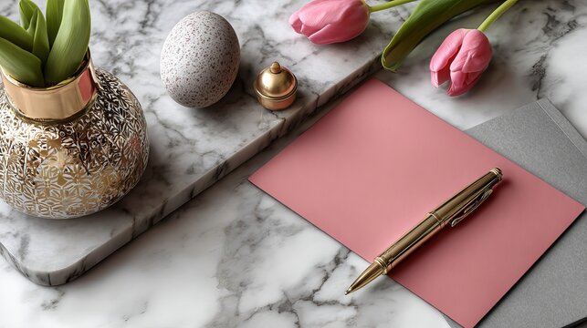 Still life arrangement featuring a gold vase, pink tulips, and stationery on a marble surface