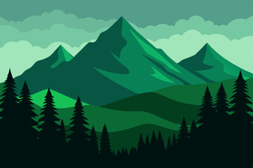 Fototapeta premium Mountain forest landscape with trees and clouds, a view of nature's peaks