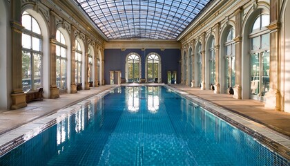 elegant indoor swimming pool surrounded by classical architecture