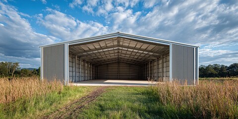 Large metal building stands in a field, offering open space. Blue sky overhead, providing natural light to the shed.