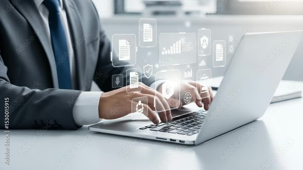 Poster man in suit typing on laptop with document and security icon overlays on a white office desk space