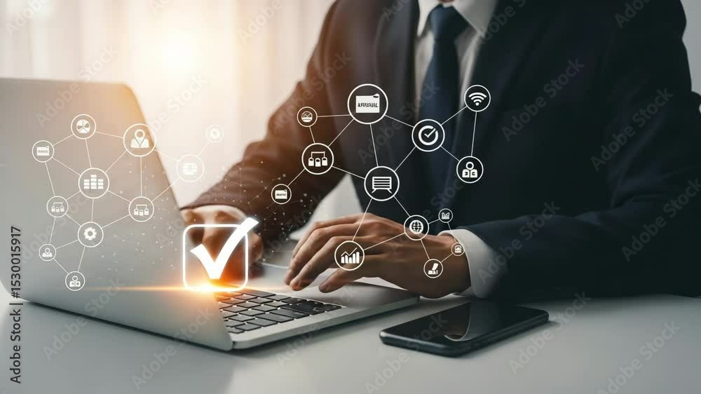 Poster Man in suit using laptop with checkmark and network icons overlaying the screen and a smartphone beside