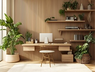Zen-inspired home office with minimalist desk, wooden shelves, neutral color scheme, and green plants for a calm working space