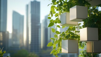 Urban vertical garden with plants in white boxes against a backdrop of city skyscrapers