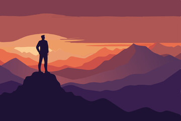 A lone woman on a mountain peak at sunset, embracing the serene nature of the landscape