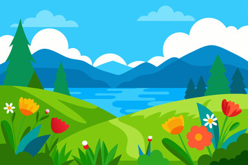 Obraz premium Summer mountain landscape with a blue sky, green meadows, and a serene lake