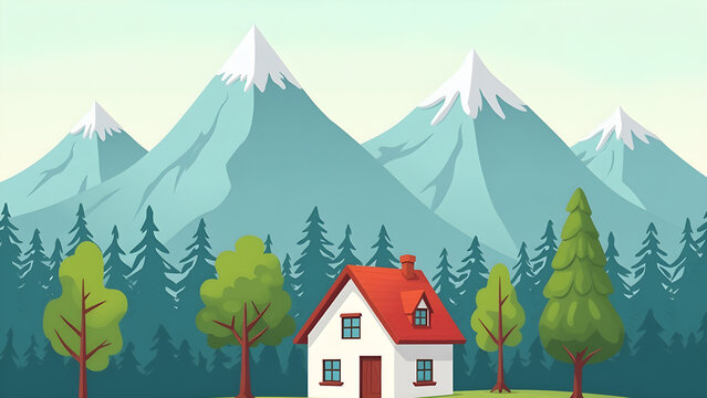 A house with trees and mountains in the background