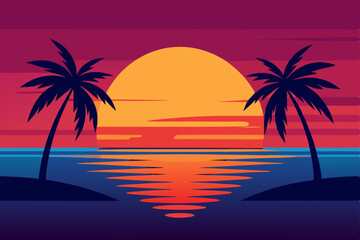 Fototapeta premium A vibrant tropical sunset paints the sky over a serene beach, silhouetting palm trees against the summer sea