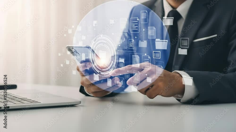 Poster Businessman using smartphone with document icons and laptop on desk in bright office setting