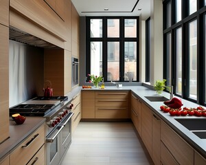 Zen-inspired kitchen with clean countertops, natural wood cabinetry, minimal clutter, and a peaceful, uncluttered vibe