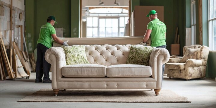 Movers carrying furniture. Vintage sofa being carried by two movers inside a building for delivery or relocation services.