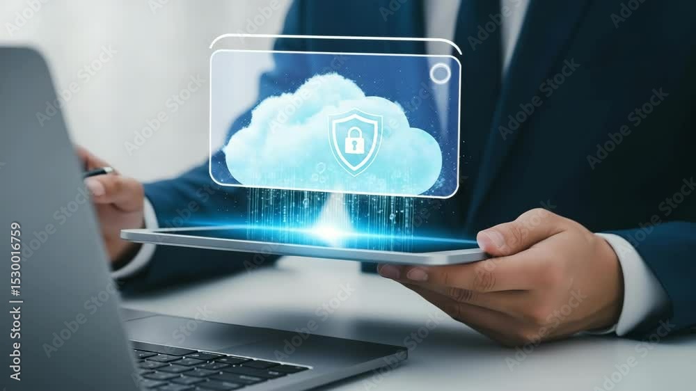 Poster man holding tablet with cloud icon and padlock above laptop on desk in a business setting indoors