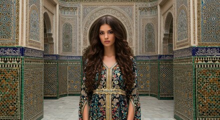 Woman in traditional dress, ornate backdrop