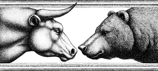Bull and bear silhouettes face off in finely detailed dotwork design