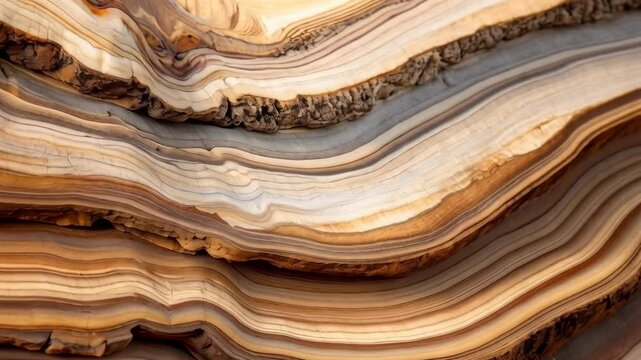 Close-up shot of stacked and layered rock formations displaying intricate patterns of brown, tan, and beige sediments