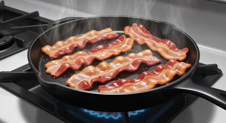 Bacon sizzling in a cast iron skillet on a gas stove with blue flame and steam rising from the pan