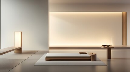 Zen-inspired living space with clean lines, minimalistic furniture, natural wood materials, soft neutral tones, and peaceful, calm ambiance