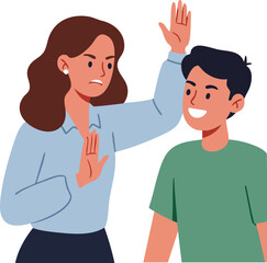 Fototapeta premium Woman showing disapproval gesture to smiling boy in casual clothes illustration vector 