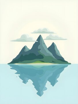 Minimalist Island with Sea, Mountains and Cloudy Sky