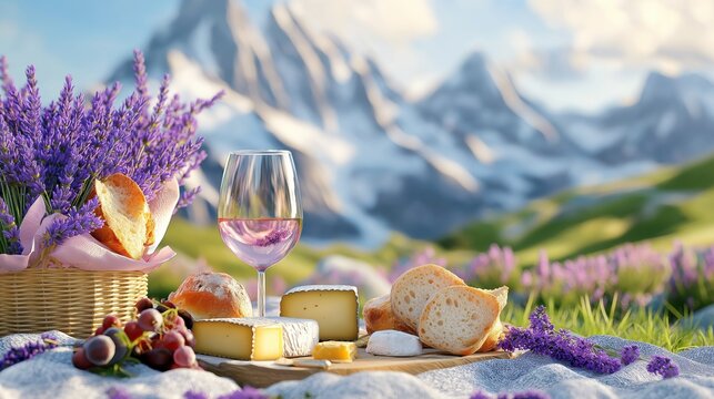 Enjoying a serene picnic amidst breathtaking alpine scenery filled with wildflowers and mountains
