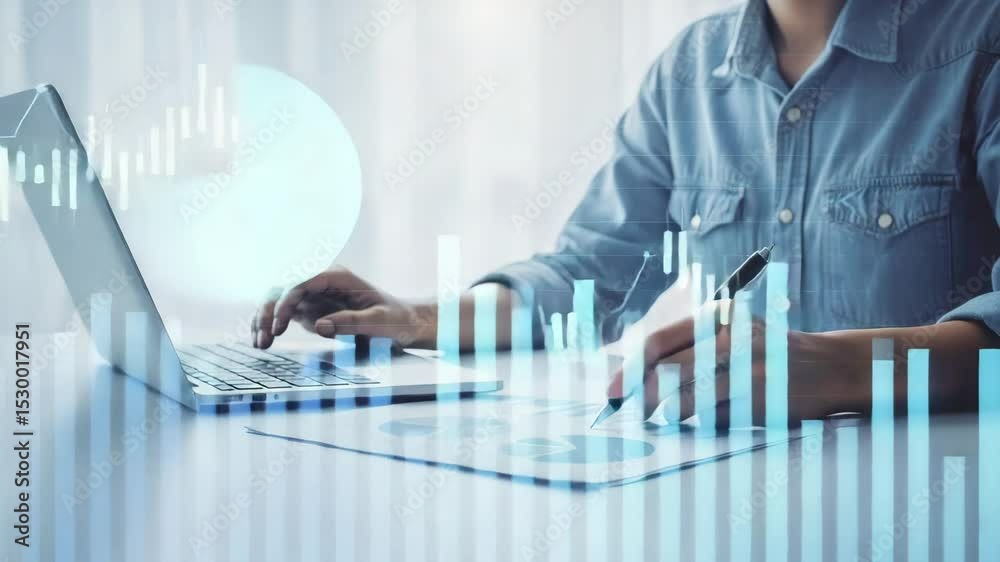 Poster person analyzing stock market data with laptop and pen on desk with overlaid graph visualization