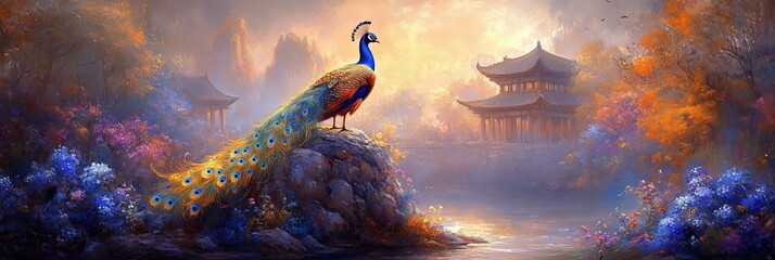A breathtaking golden peacock stands on a rock overlooking a river, surrounded by a fantastical landscape of vibrant trees and ancient Asian temples under a dramatic sunset sky
