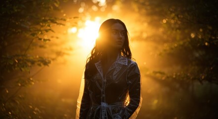 Woman in translucent raincoat, golden sunlight filters through trees