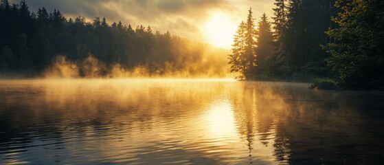 Golden Hour at Lake with Still Water and Glowing Sunlight