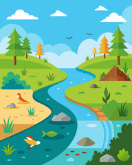 Obraz premium A beforeandafter image showing the transformation of a polluted river now filled with clear water and teeming with aquatic life thanks to a successful ecological restoration. Vector illustration