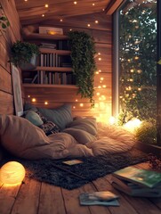 Zen-inspired reading nook with a comfy chair, soft pillows, natural wood bookshelves, and calming elements like plants and soft light