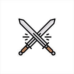 Crossed swords clash in a stylized battle scene, symbolizing conflict and strength with bold lines and vibrant colors, evoking a sense of action and power.