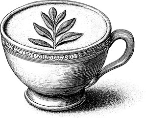 Vintage style cup of matcha latte with leaf foam art design for cafe decor