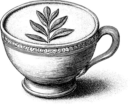Vintage style cup of matcha latte with leaf foam art design for cafe decor