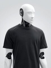 Black t-shirt mockup on a robot with white background showcasing a clean futuristic style blend.