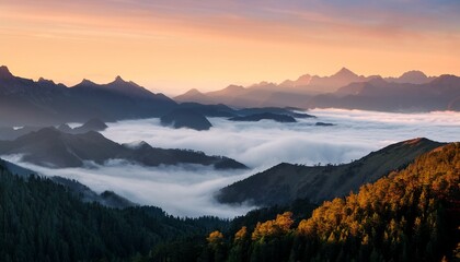 Obraz premium a breathtaking serene mountain range covered in mist during dawn showcasing the tranquility and pristine nature of the landscape with soft light and shadows