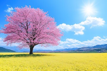 A vibrant pink cherry blossom tree stands alone in a field of yellow flowers under a bright sunny sky with mountains in the background