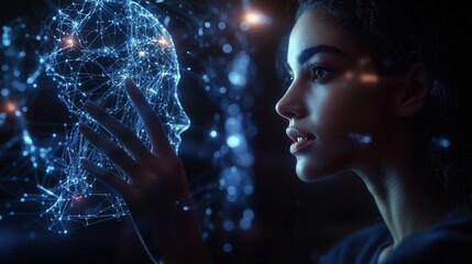 Young woman interacting with cybernetic holograms, seamless neural connection, futuristic mind interface, glowing technology, digital symbiosis on dark background