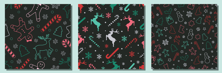 Christmas Seamless Patterns Set. Christmas and New year Holiday Repeatable Pattern. Outline Elements Texture for Wallpaper, Gift Wrapping paper, Card or Banner Template or Fabric Textile Prints.
