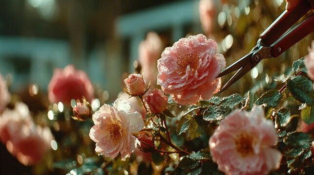 Dewkissed Roses Being Trimmed in a Garden