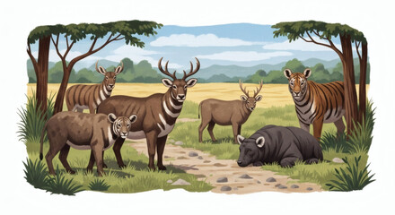 A group of deer tigers and a bear in a field with trees and a blue sky in the background illustration