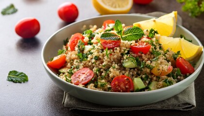 fresh tabbouleh salad with bulgur cherry tomatoes and lemon